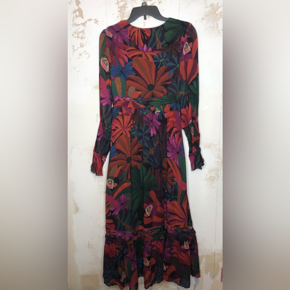 Farm, Rio Bird flowers long sleeve V-neck maxi dress, size small - Picture 14 of 15
